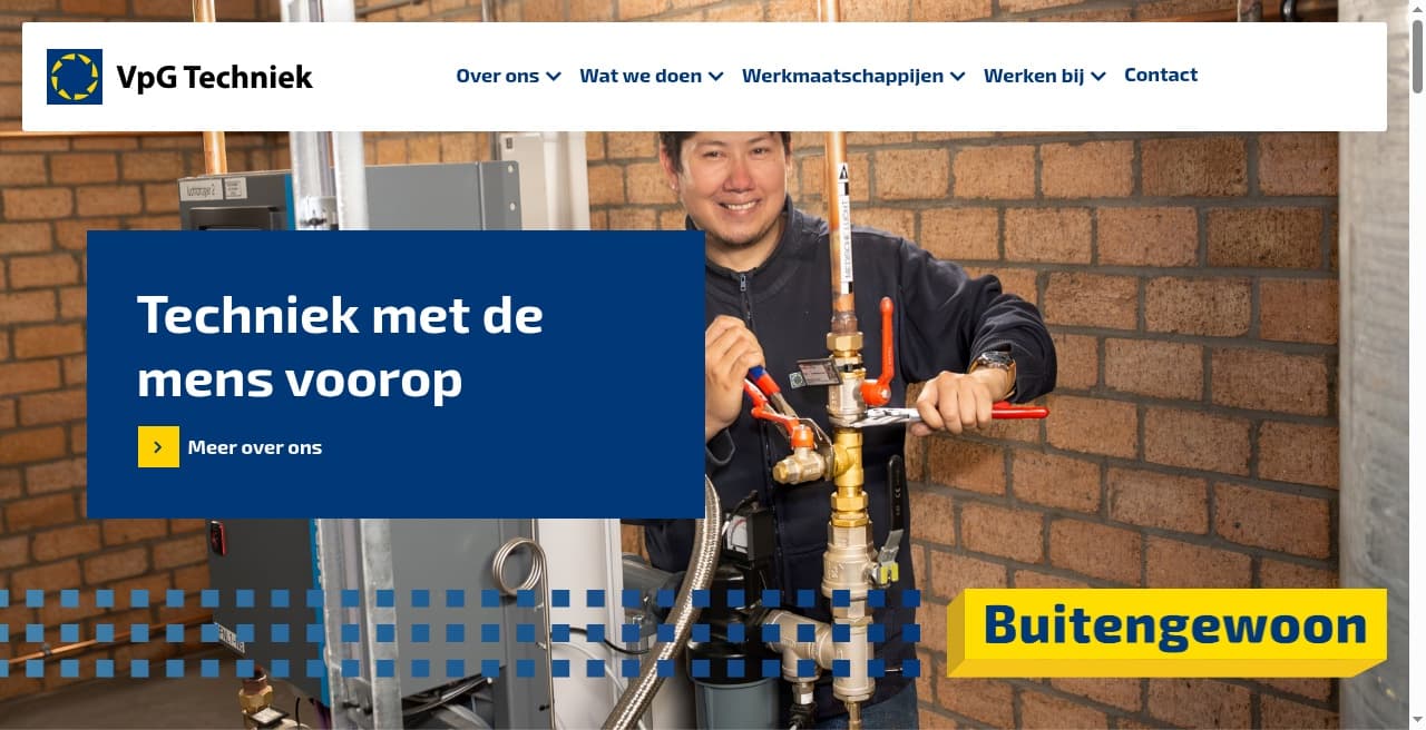 Homepage van VPG Techniek met de headline "Techniek met de mens voorop"