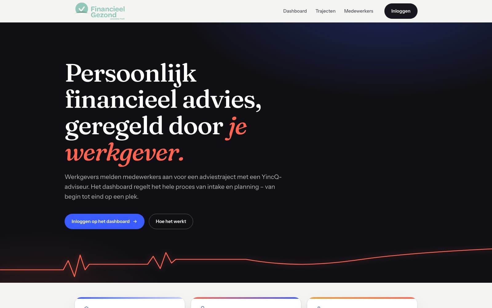 Homepage van het vernieuwde Financieel Gezond met de headline "Persoonlijk financieel advies, geregeld door je werkgever"