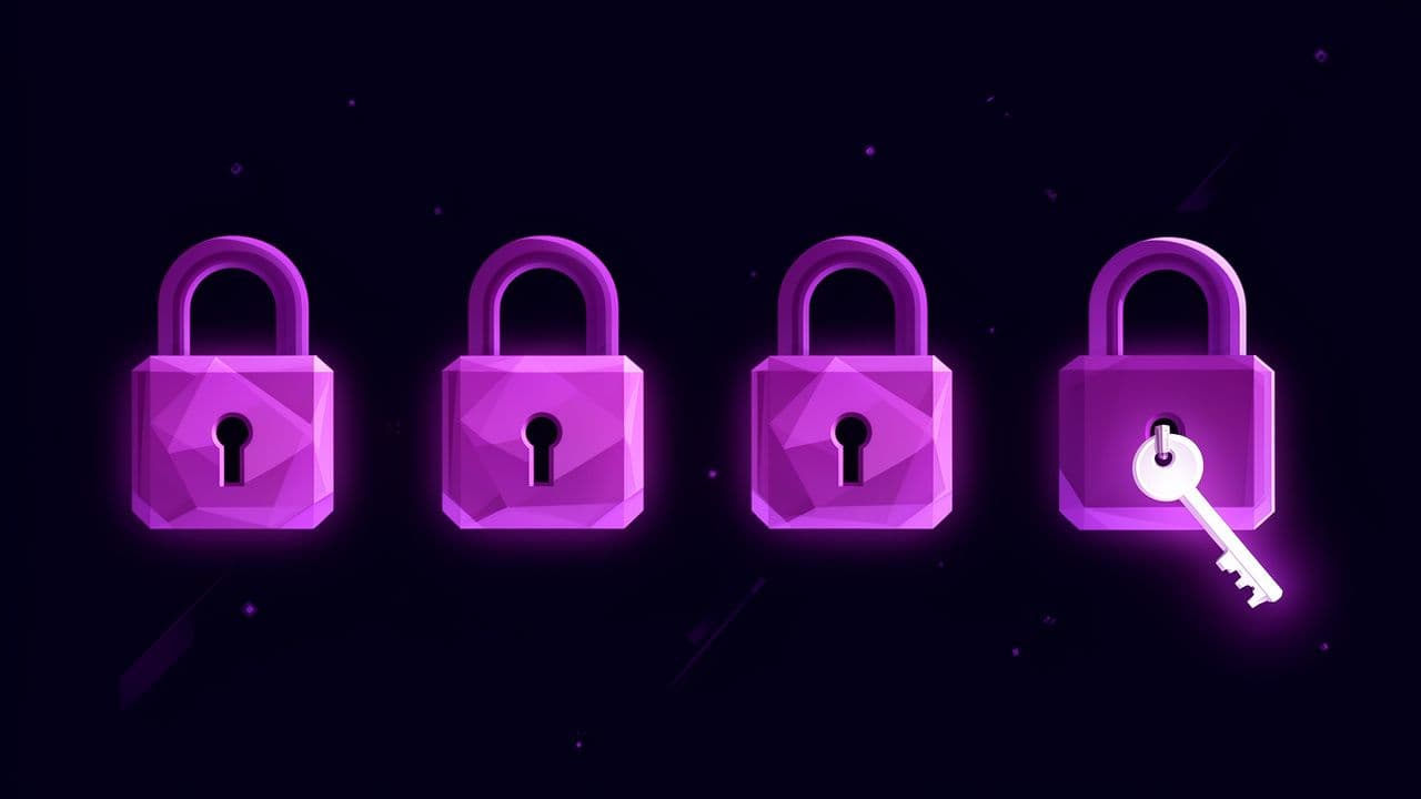 Vier hangsloten op een rij, met een sleutel bij het laatste slot