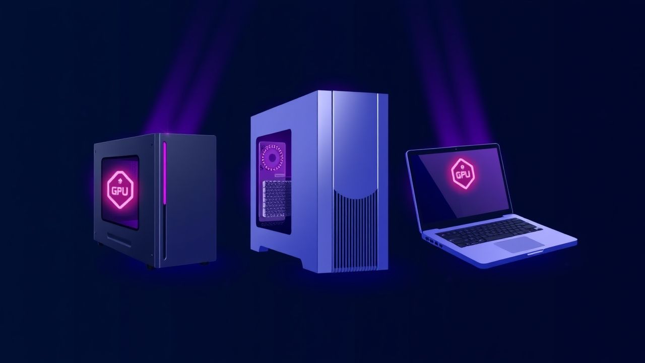 Mini-PC, desktop en laptop met GPU-chips naast elkaar als hardwarevergelijking