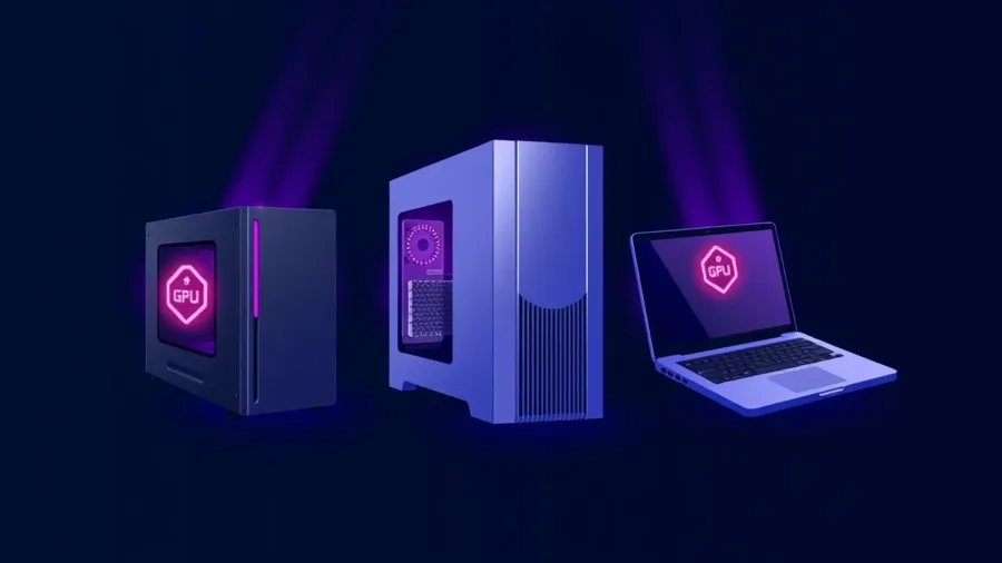 Mini-PC, desktop en laptop met GPU-chips naast elkaar als hardwarevergelijking