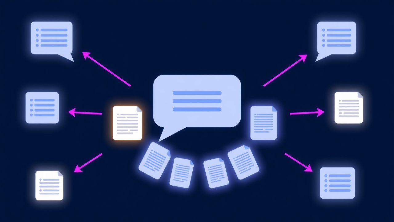 AI-chatinterface met citatie-pijlen die naar buiten wijzen naar meerdere documenten